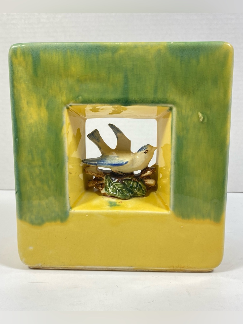 McCoy Vintage Pottery Arcature Vase/Planter with 3-D Bird Yellow & Green, Signed